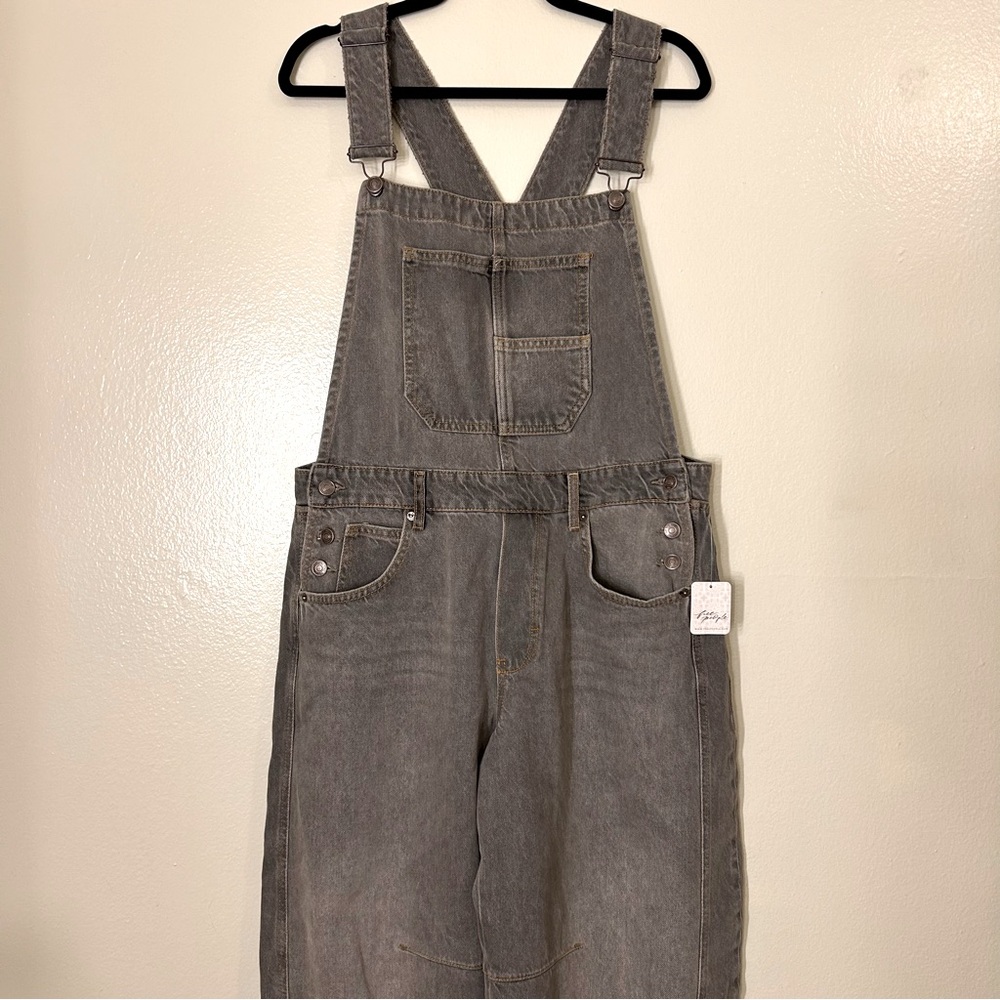 grey Free People barrel cropped denim overalls mshort